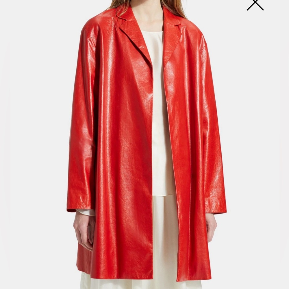 Theory Light Poppy Varnished  Leather Overlay Coat - Size S
